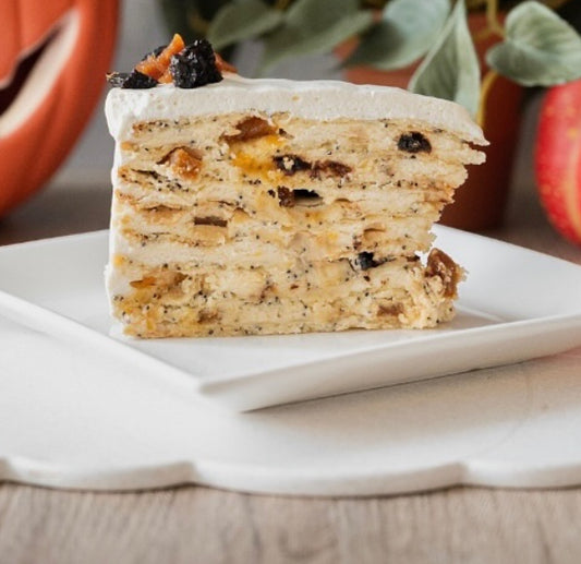 Poppy seed with sour cream and dry fruits layered cake